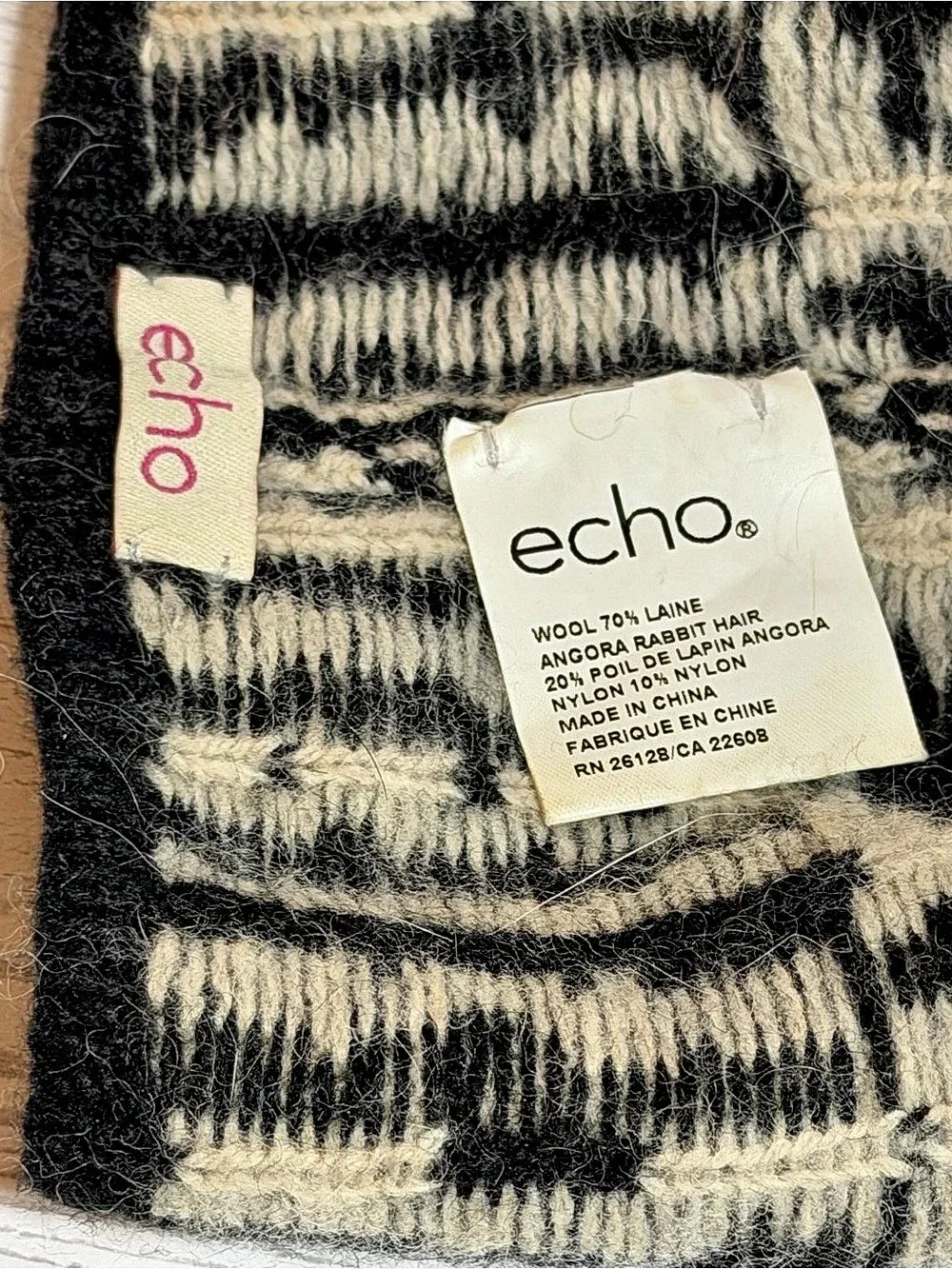 Echo Women’s Wool Angora Beanie Black Ivory Geometric Knit Winter Hat